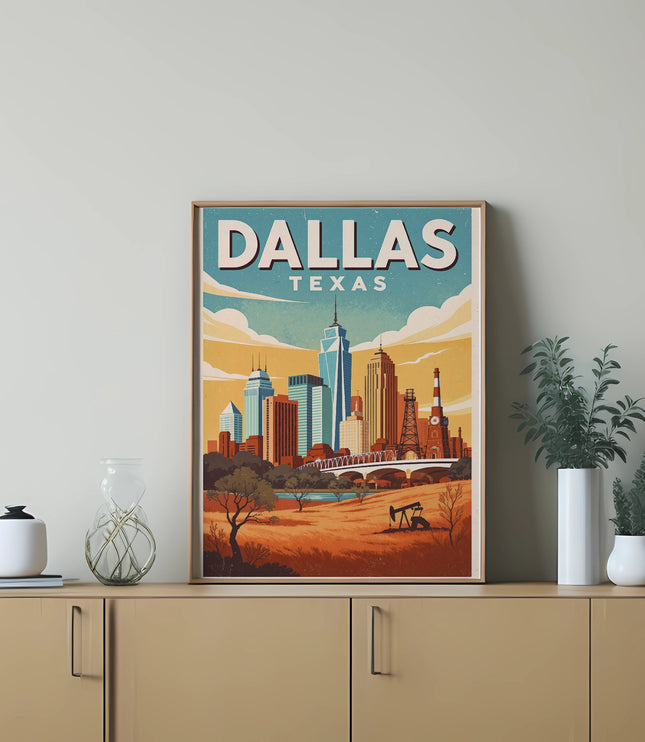 Retro poster art of the Dallas skyline with "Dallas Texas" text.