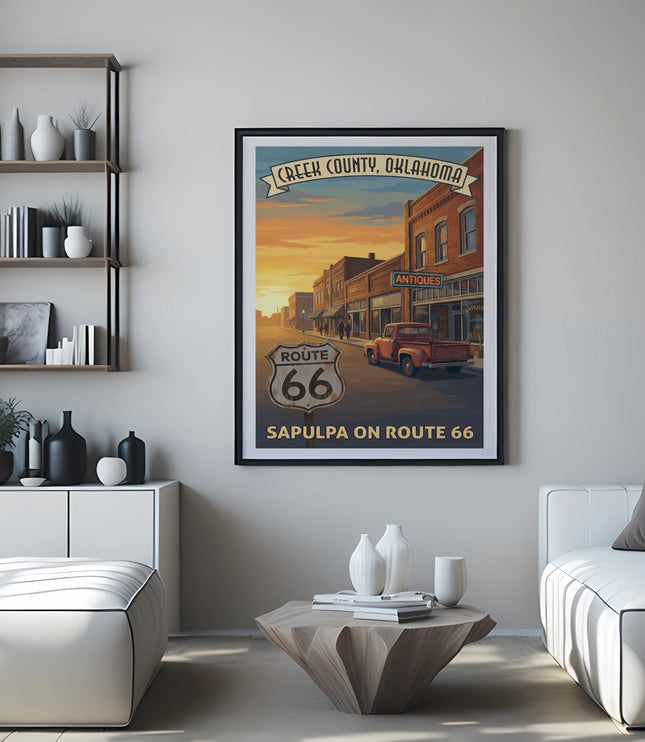 Retro Route 66 poster for Sapulpa, Oklahoma, featuring an antique truck.