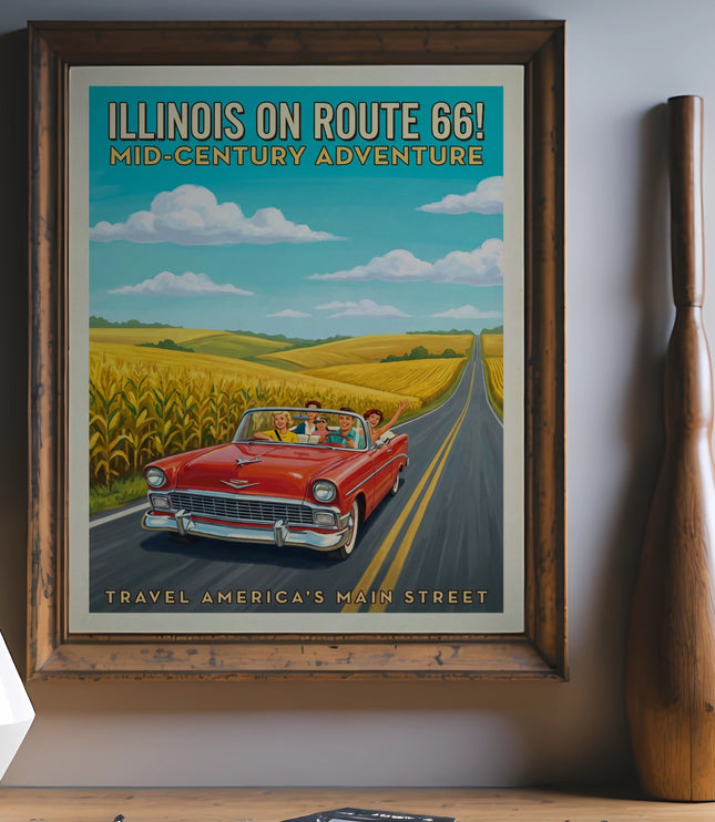 Illinois Route 66 mid-century adventure poster with a red convertible and cornfields.