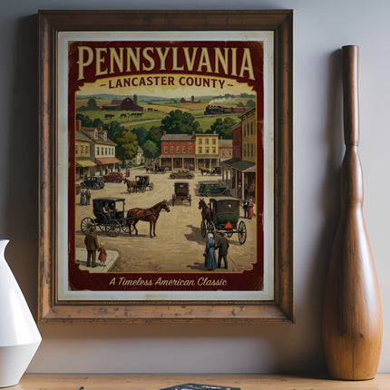 Pennsylvania Lancaster County vintage travel poster with horse-drawn carriages.