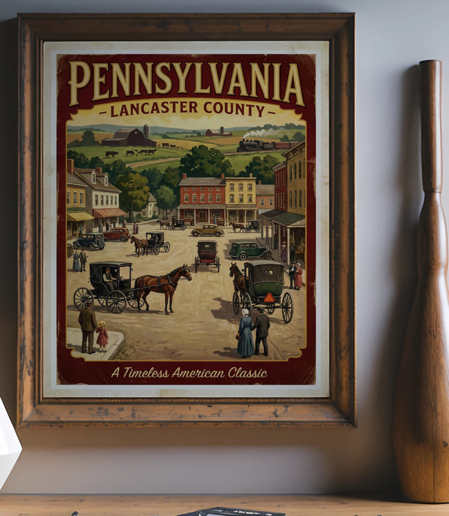 Pennsylvania Lancaster County vintage travel poster with horse-drawn carriages.
