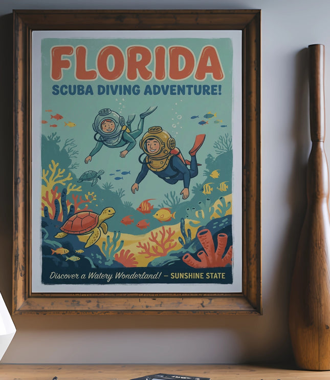 Florida Scuba Diving Adventure! poster with two divers and marine life.