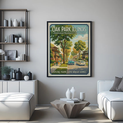Poster of Oak Park, Illinois with Frank Lloyd Wright homes and people exploring.