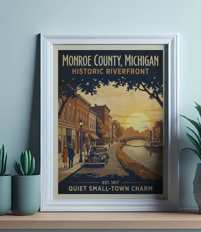 Monroe County, Michigan historic riverfront poster with vintage car and sunset.