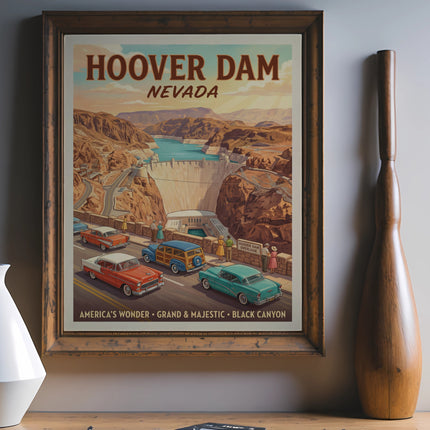 Hoover Dam Nevada poster with cars and dam scenery.