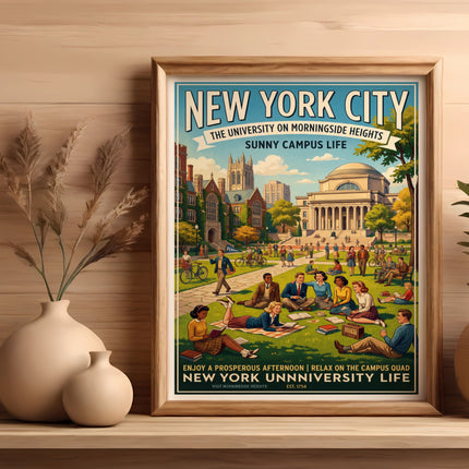 New York City poster of Sunny Campus Life at Morningside Heights.