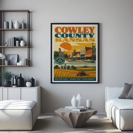 Cowley County Kansas poster with vintage town scene and text.