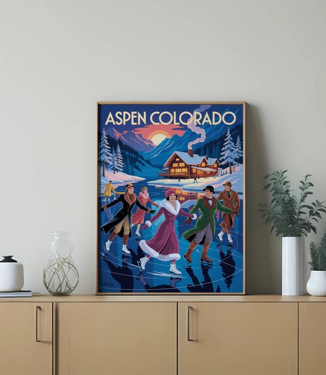 Vintage poster of people ice skating with Aspen, Colorado mountains in the background.
