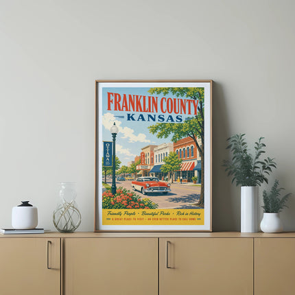 Franklin County, Kansas, travel poster with "Welcome to Ottawa" and street scene.