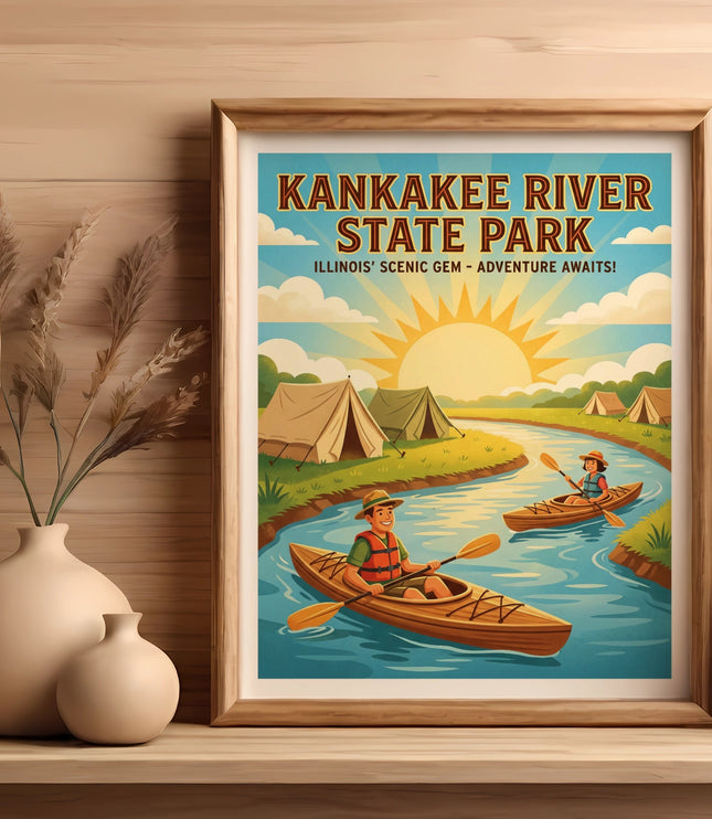 Kankakee River State Park poster showing a sunny day with people kayaking and camping by the river.
