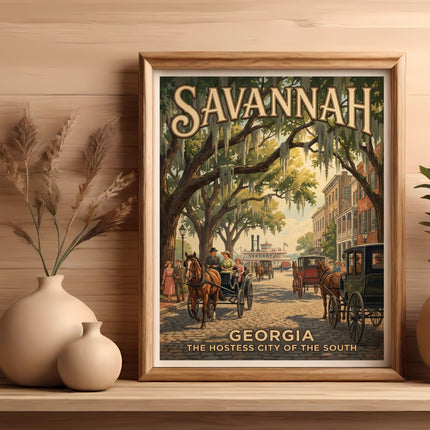 Framed artwork featuring a horse-drawn carriage scene in Savannah, Georgia.