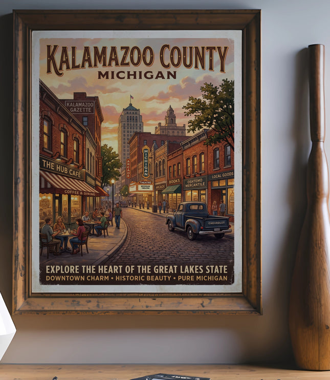 Kalamazoo County Michigan vintage travel poster with downtown street scene.