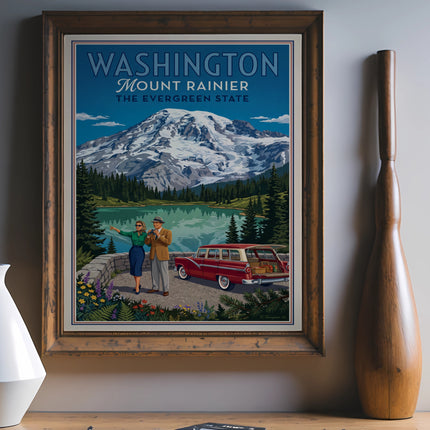 Vintage travel poster of Mount Rainier, Washington, featuring a couple by a red station wagon.