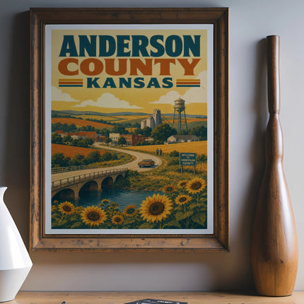 Poster for Anderson County, Kansas, with sunflowers, bridge, and water tower.