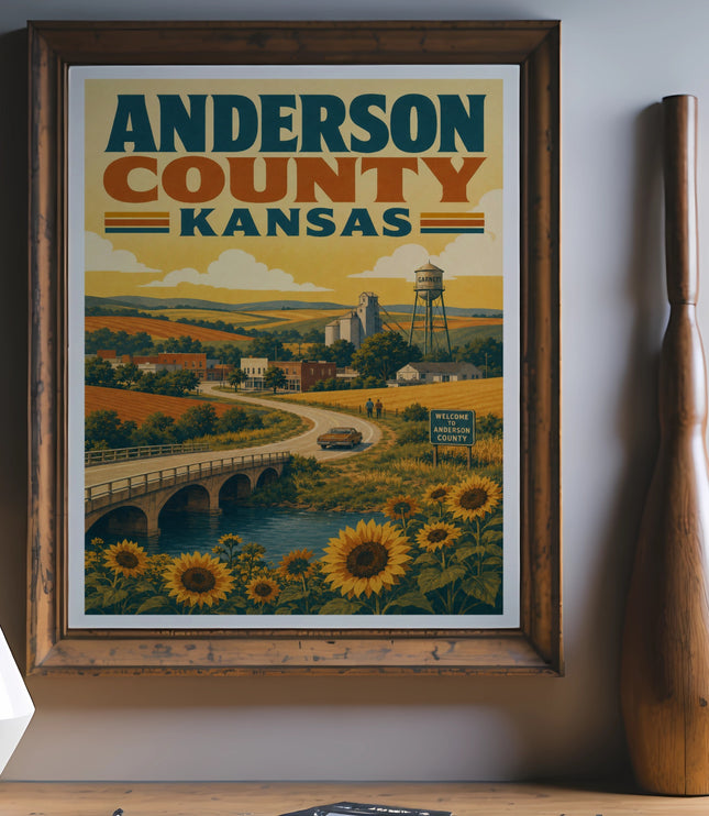 Poster for Anderson County, Kansas, with sunflowers, bridge, and water tower.