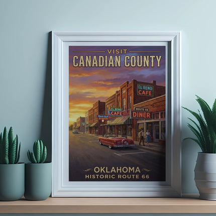 Framed artwork: Visit Canadian County, Oklahoma Historic Route 66, El Reno Cafe Diner.