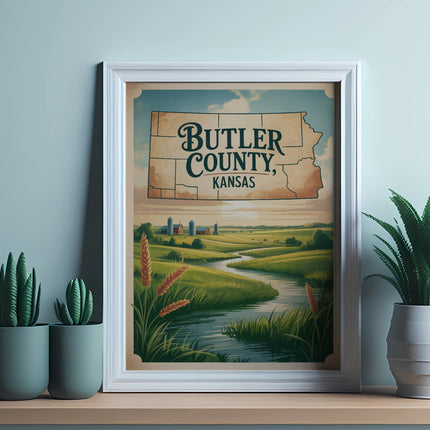 Butler County, Kansas map with a pastoral landscape in a framed print.