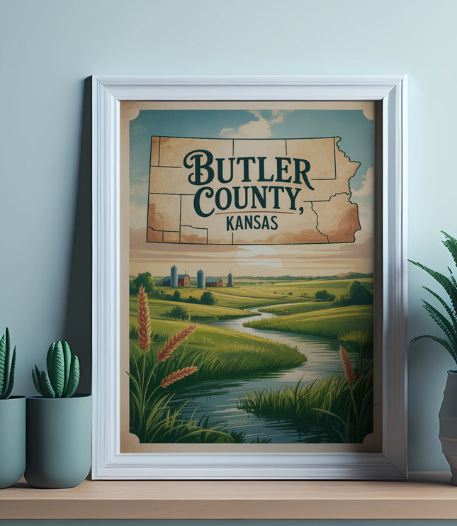 Butler County, Kansas map with a pastoral landscape in a framed print.
