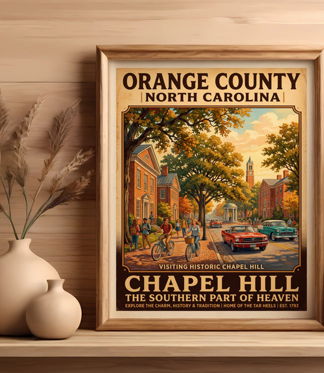 Orange County, North Carolina poster featuring Chapel Hill with vintage cars and bicycles.