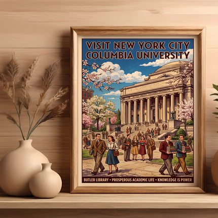 Vintage poster advertising Columbia University featuring Butler Library and students.