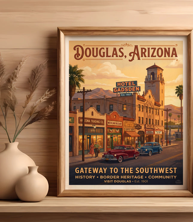 Vibrant poster of Douglas, Arizona showcasing Hotel Gadsden and historic street scene.