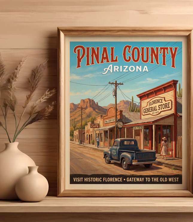 Pinal County Arizona vintage poster with Florence General Store and pickup truck.
