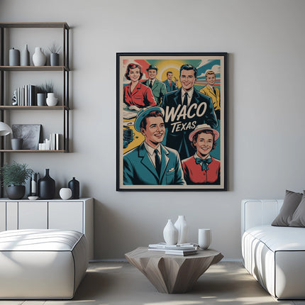 Vintage "Waco Texas" poster with smiling couples in retro clothing.