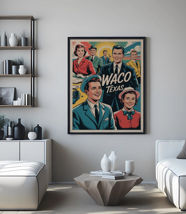 Vintage "Waco Texas" poster with smiling couples in retro clothing.