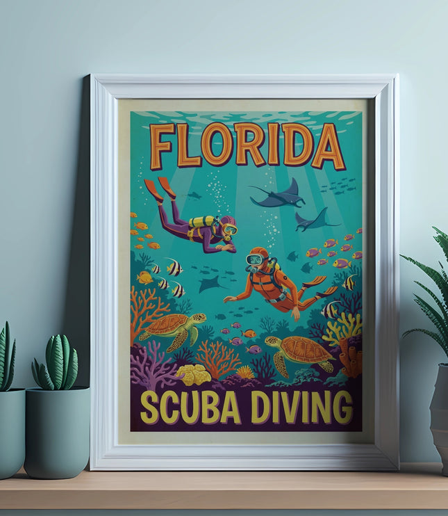 Retro Florida scuba diving poster with divers, turtles, fish, manta rays, and coral.
