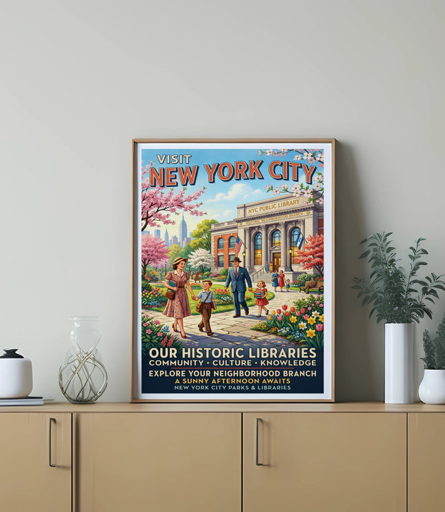 New York City historic libraries poster with family in front of library.