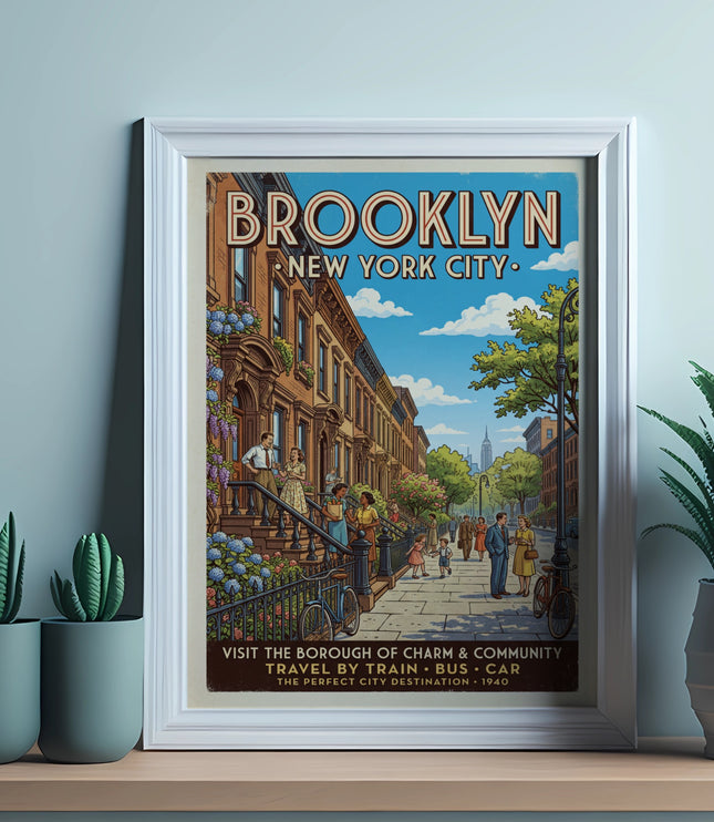 Brooklyn New York City vintage travel poster featuring a street scene with brownstones and people.