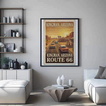 Poster depicting Kingman, Arizona Route 66 with vintage cars and desert landscape.