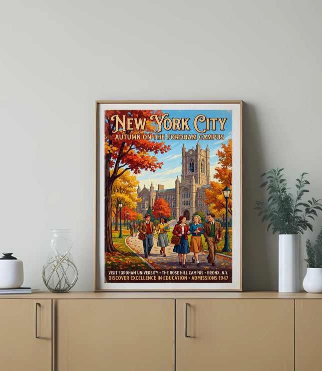 New York City, Fordham University autumn campus poster with students.