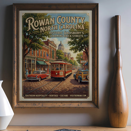 Rowan County, North Carolina vintage travel poster depicts a trolley and cars on brick streets.
