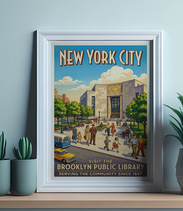 New York City vintage travel poster for Brooklyn Public Library.