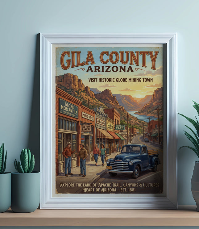 Vintage Gila County Arizona travel poster featuring Globe mining town and landscape.