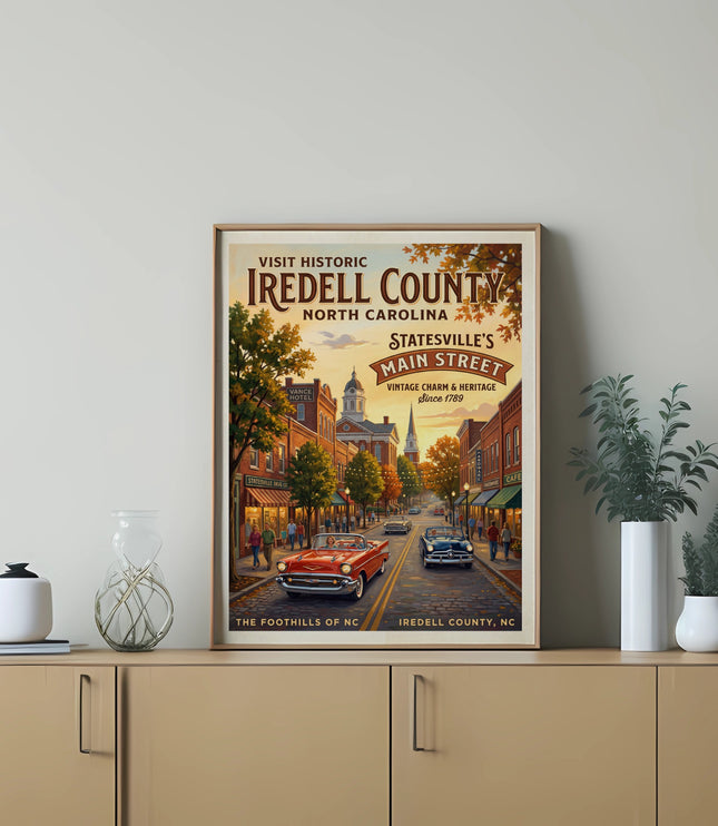 Vintage poster of Statesville, North Carolina Main Street with classic cars.