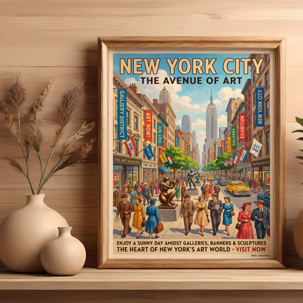 Vintage New York City Avenue of Art poster with people, galleries, and text.