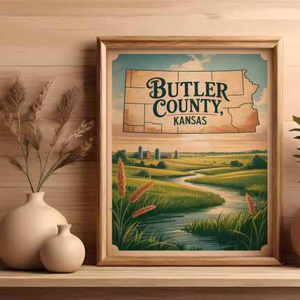 Framed map of Butler County, Kansas, with scenic landscape illustration.