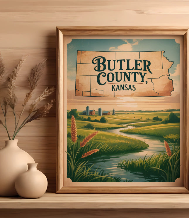 Framed map of Butler County, Kansas, with scenic landscape illustration.
