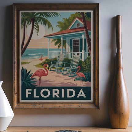 Retro Florida travel poster with flamingos and beach house.