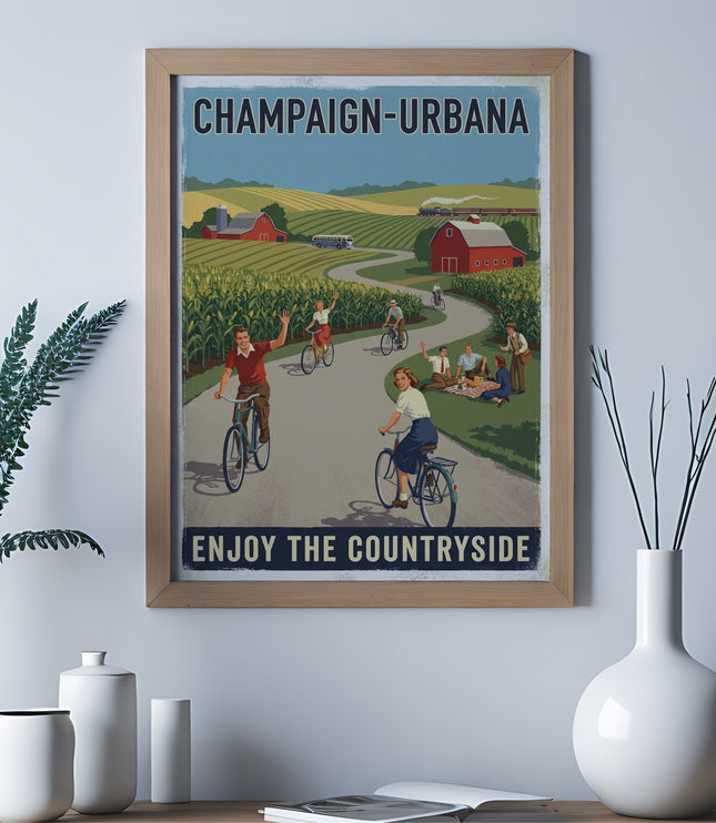 Champaign-Urbana vintage travel poster with cyclists and farms, "Enjoy the Countryside."