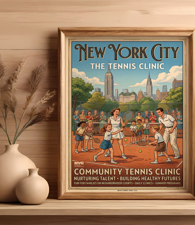 New York City Tennis Clinic poster advertising lessons for families and children.