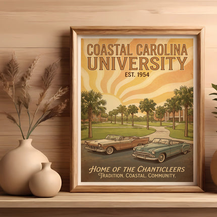 Coastal Carolina University Est. 1954 vintage poster with palm trees and classic cars.