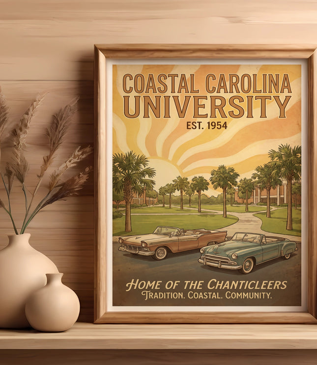 Coastal Carolina University Est. 1954 vintage poster with palm trees and classic cars.