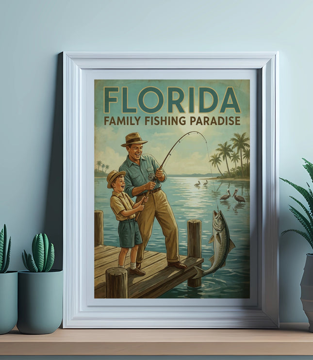 Vintage Florida Family Fishing Paradise framed art print on a wall.