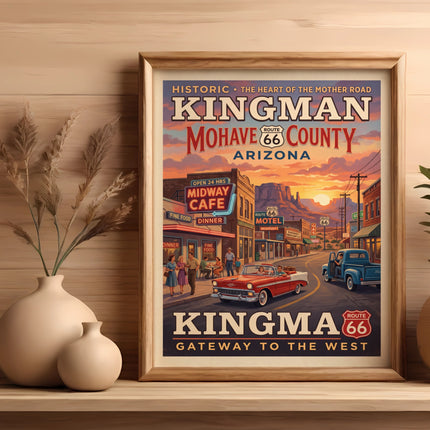 Kingman, Arizona Route 66 poster with vintage cars and storefronts at sunset.