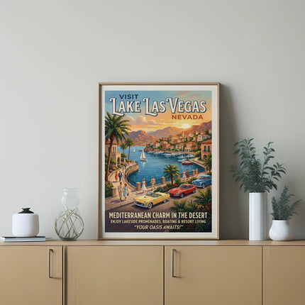Vintage poster of Lake Las Vegas, Nevada with Mediterranean charm and desert oasis theme.