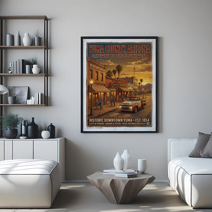 Vintage Yuma County Arizona poster of historic downtown with a red truck.