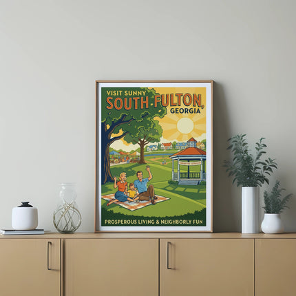 Retro travel poster for South Fulton, Georgia with a family picnicking.